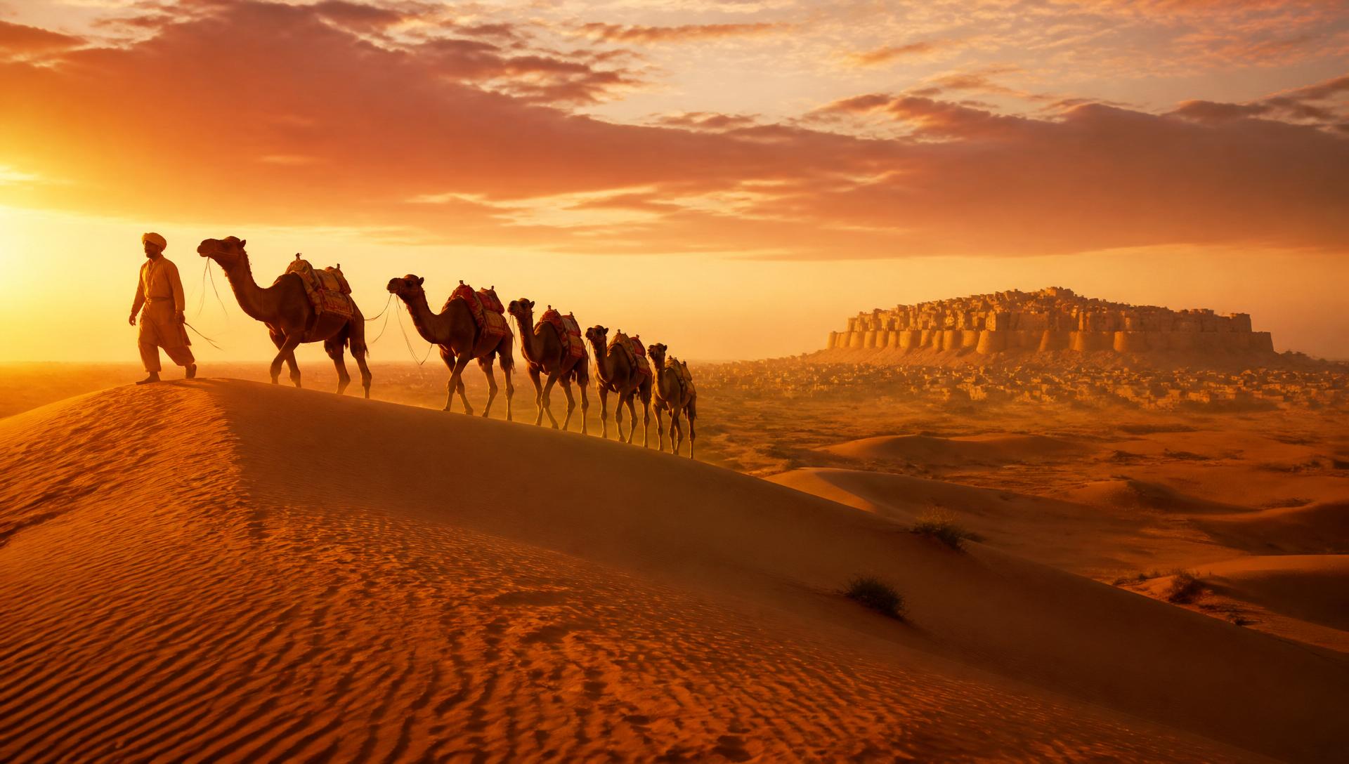 Camel safari caravan at sunset on the Sam Sand Dunes near Jaisalmer, Rajasthan